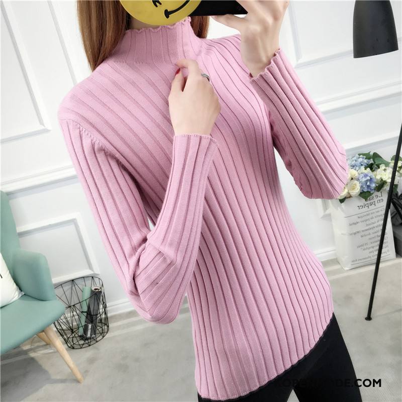 Truien Dames 2018 Gebreid Hemd Lange Mouwen Pullover Elegante Winter Roze Rood Effen Kleur