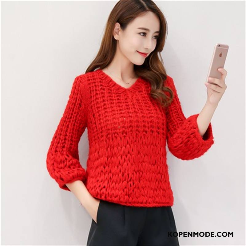 Truien Dames 2018 Zoet Herfst Trend Pullover Elegante Effen Kleur Rood