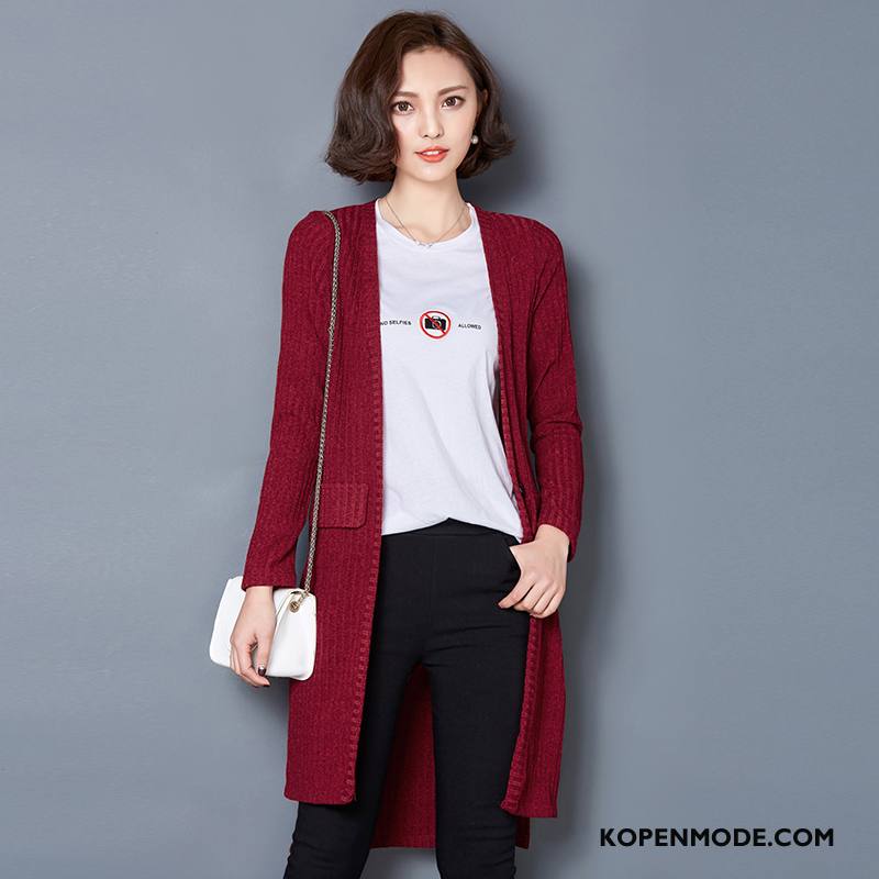 Truien Dames Cardigan Lang 2018 Gebreid Hemd Herfst Lange Mouwen Effen Kleur Rood