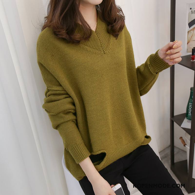 Truien Dames Gebreid Hemd Lang Pullover Mode Herfst Lange Mouwen Effen Kleur Groen