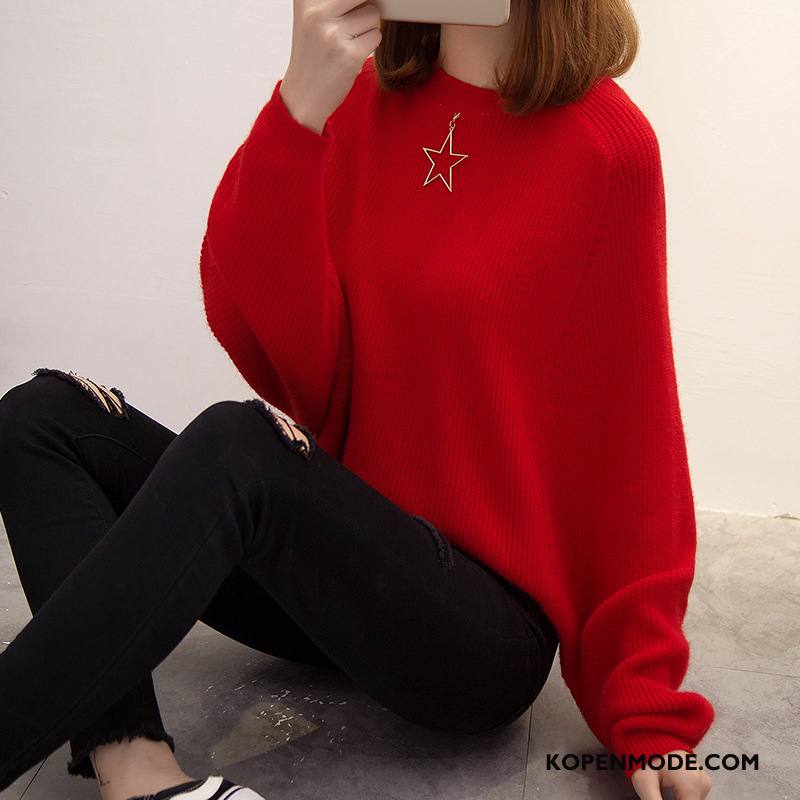 Truien Dames Lange Mouwen Eenvoudige Pullover Elegante Dunne Mode Effen Kleur Rood