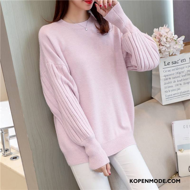 Truien Dames Ronde Hals Elegante Pullover Lange Mouwen Winter Gebreid Hemd Roze Rood Effen Kleur