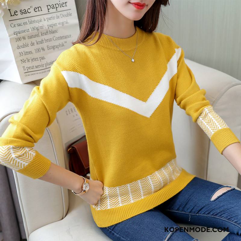 Truien Dames Ronde Hals Gebreid Hemd Pullover Elegante Lange Mouwen Herfst Gemengde Kleuren Geel