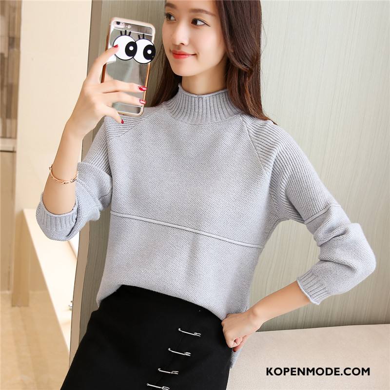 Truien Dames Trend Lange Mouwen Elegante Pullover Gebreid Hemd Herfst Effen Kleur Grijs