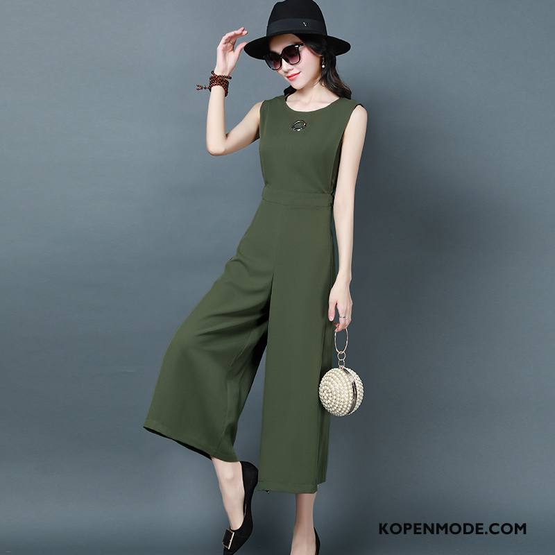 Tuinbroek Dames Eenvoudige Mouwloos Zomer Losse Elegante Hoge Taille Effen Kleur Groen