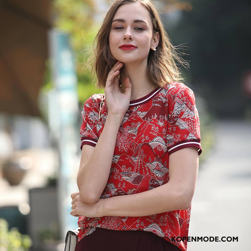 Zijden Jurk Dames Elegante Straat Voorjaar Mode Ronde Hals Dunne Rood