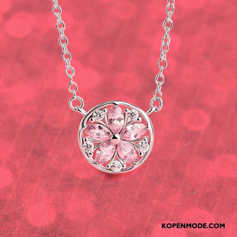 Zilveren Sieraden Dames Accessoires Kristal Nieuw Bloemen Korte Vrouwen Roze Zilver